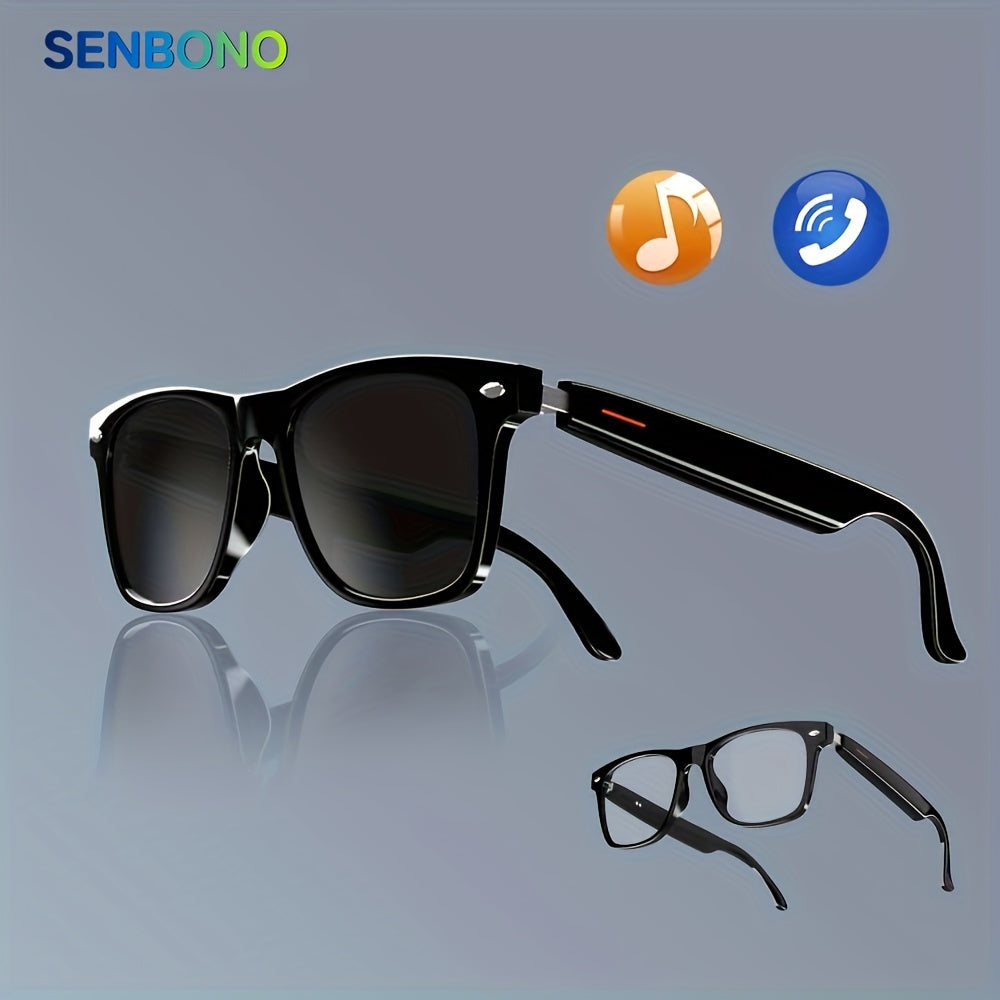 Chrono elite store-SENBONO Smart Glasses; Blue Light Filtering & Polarized Glass Lenses - Low Latency Audio - Built-in Mic & Speakers - Touch & AI Voice Assistant Compatible - 5hrs Battery - Rectangle/Large Gift For Birthday/Easter/President's